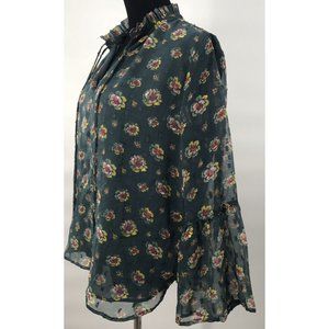 LOFT Womens Floral Sheer Blouse Top Ruffle Tie‎ Bow Green Size Medium Petites